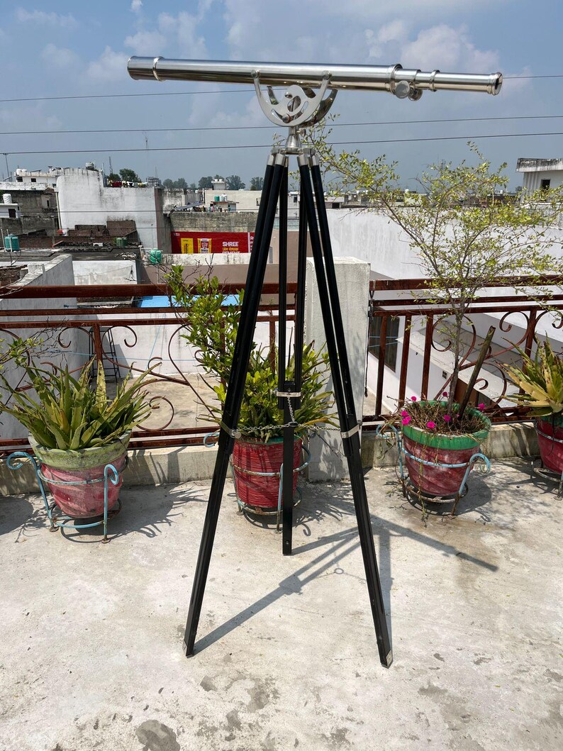 Chrome Finish Brass & Chrome Floor Standing Telescope 64" with Wooden Tripod view 2