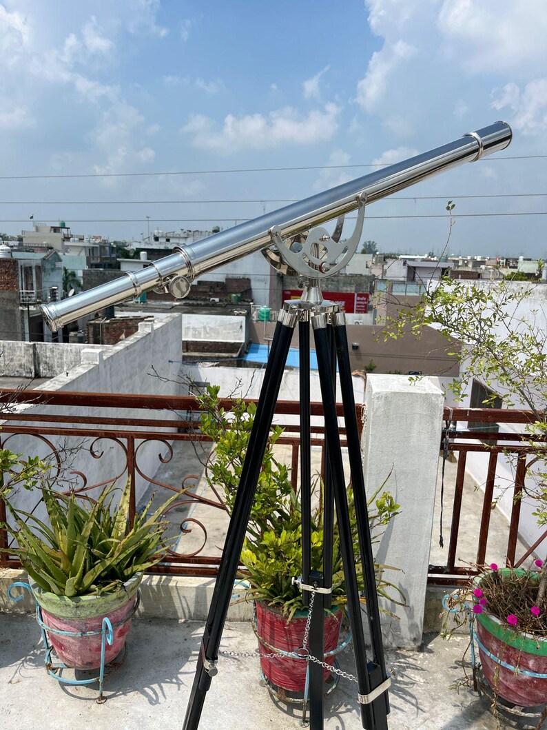 Chrome Finish Brass & Chrome Floor Standing Telescope 64" with Wooden Tripod view 4