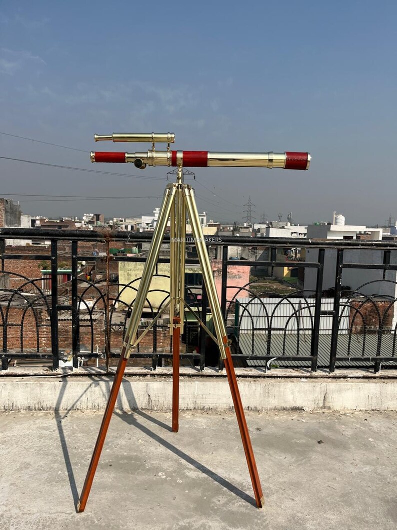 Double Barrel Brass Floor Standing Telescope 62" with Wooden Tripod Stand view 4