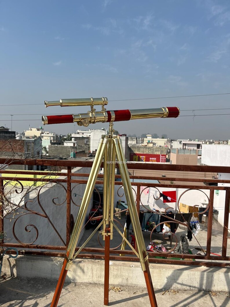 Double Barrel Brass Floor Standing Telescope 62" with Wooden Tripod Stand view 5