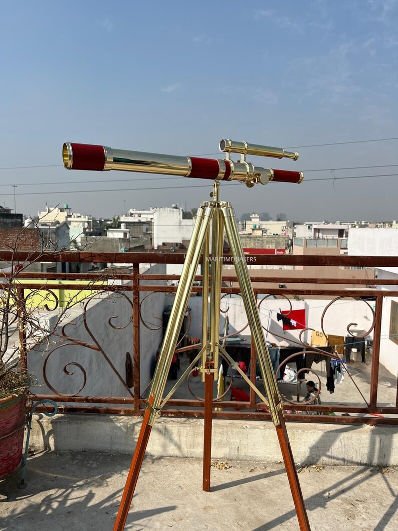 Double Barrel Brass Floor Standing Telescope 62" with Wooden Tripod Stand view 9