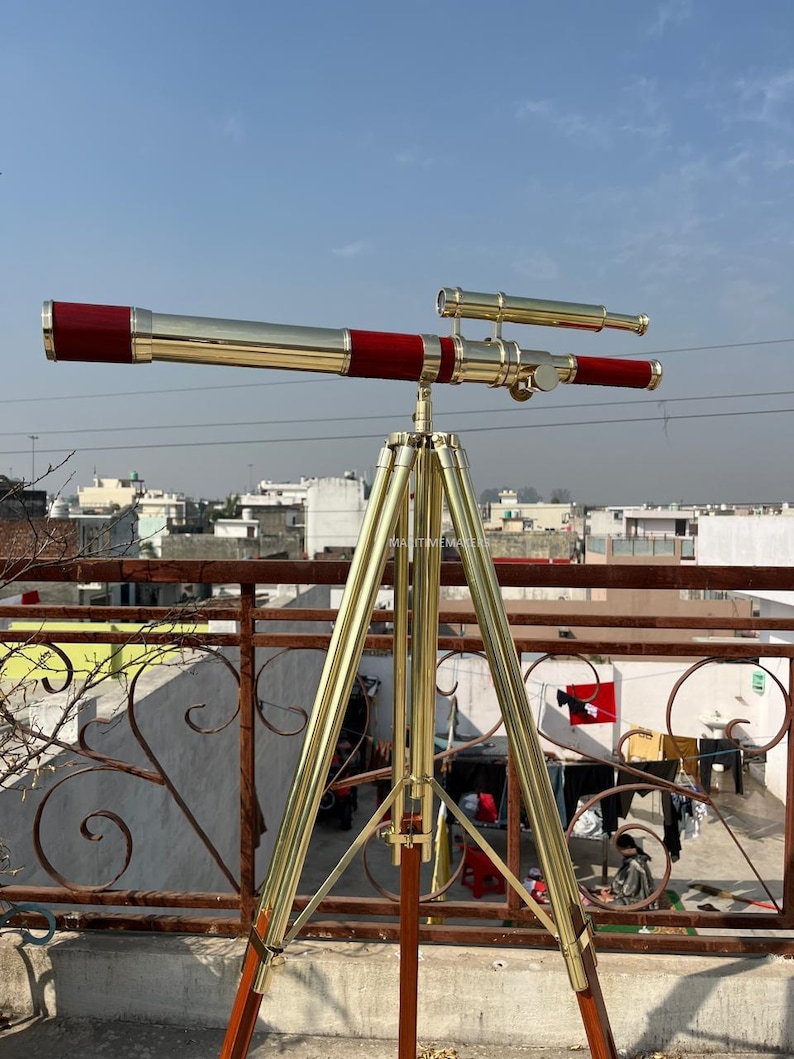 Double Barrel Brass Floor Standing Telescope 62" with Wooden Tripod Stand view 10
