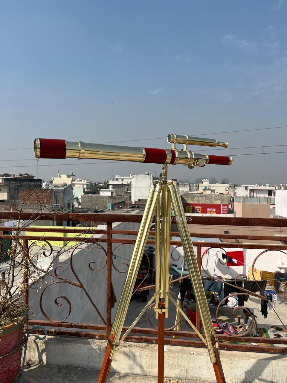 Double Barrel Brass Floor Standing Telescope 62" with Wooden Tripod Stand view 13