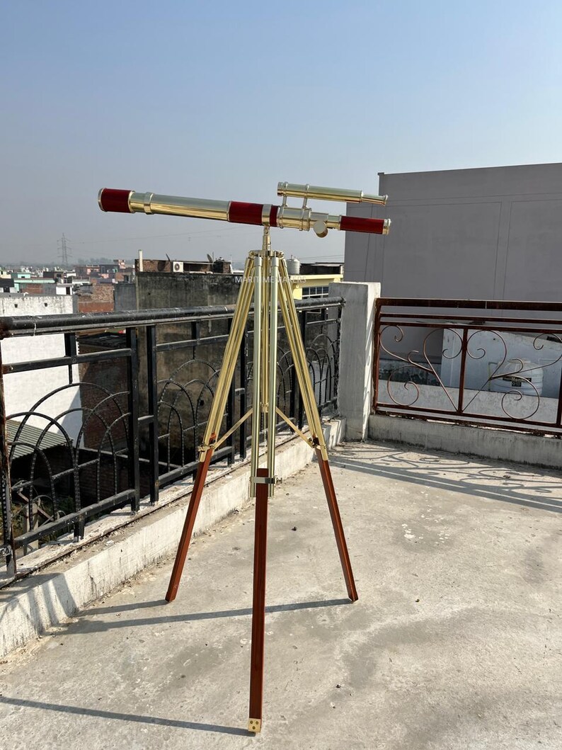 Double Barrel Brass Floor Standing Telescope 62" with Wooden Tripod Stand view 17