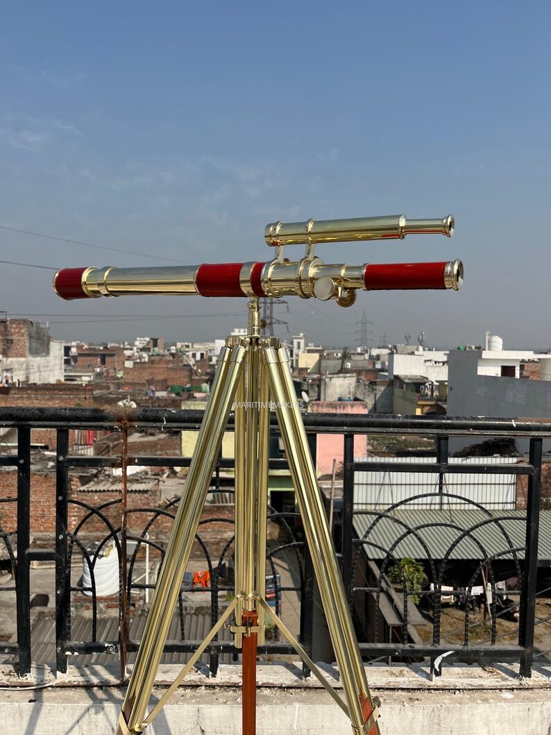 Double Barrel Brass Floor Standing Telescope 62" with Wooden Tripod Stand view 18