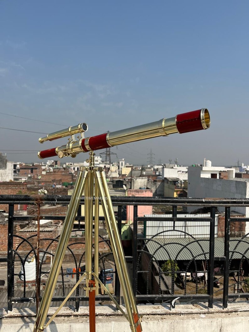 Double Barrel Brass Floor Standing Telescope 62" with Wooden Tripod Stand view 19