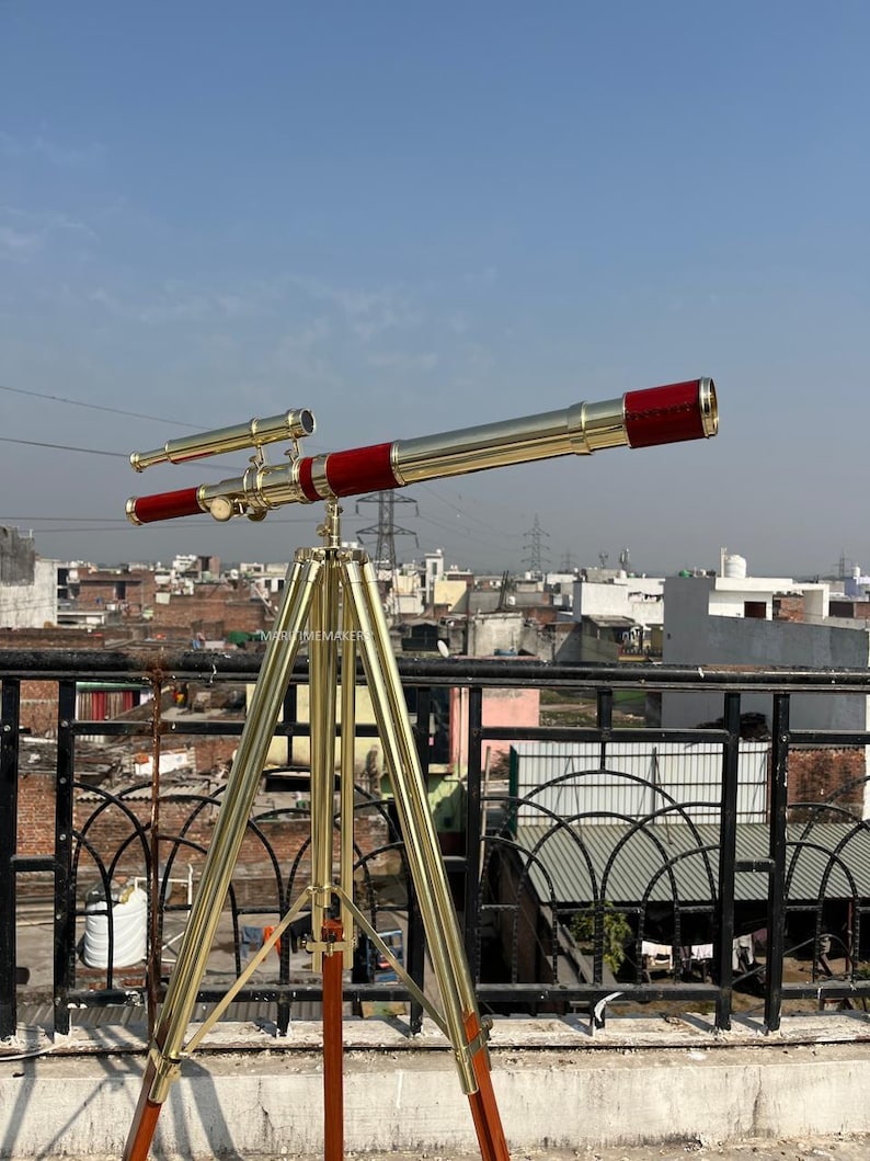 Double Barrel Brass Floor Standing Telescope 62" with Wooden Tripod Stand view 21