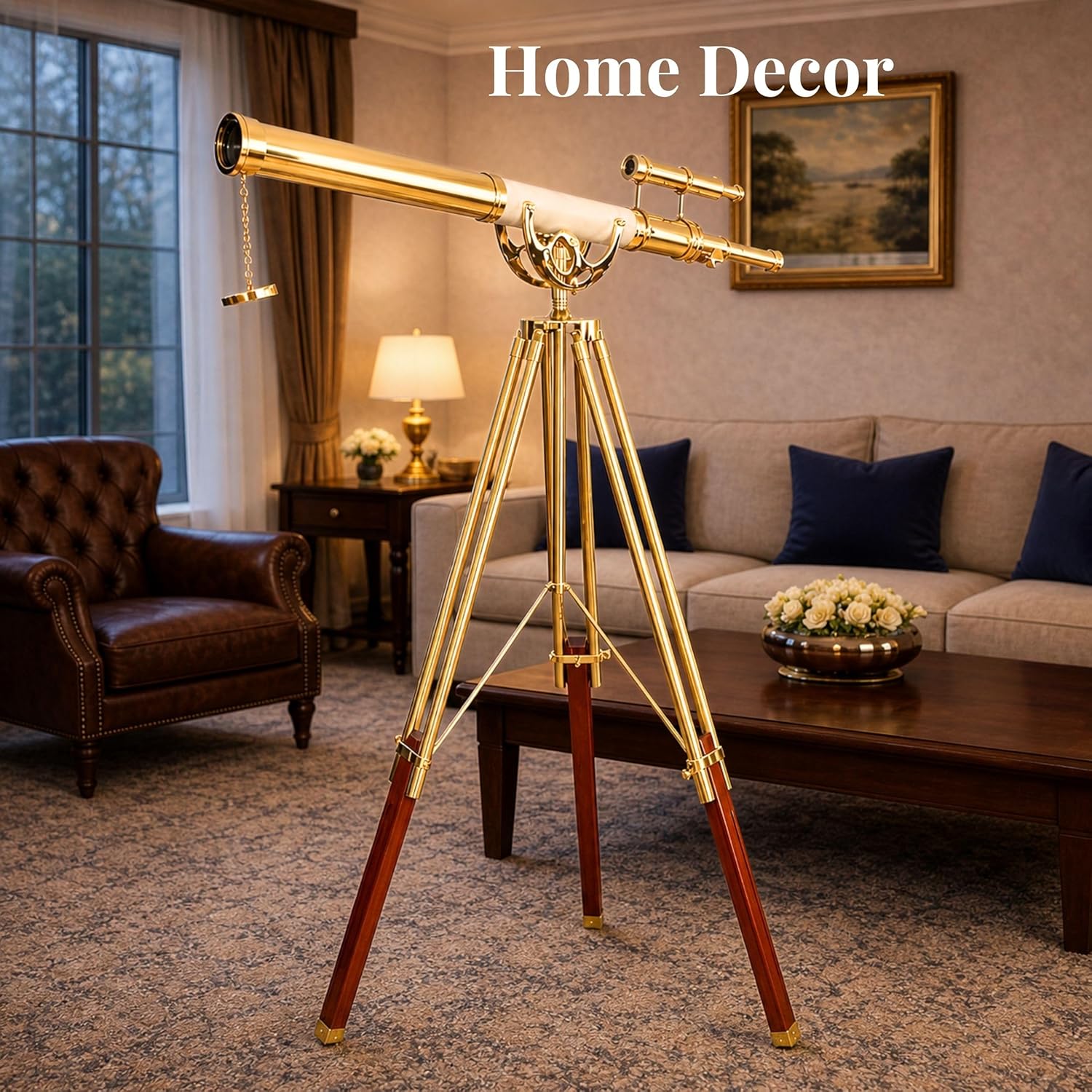 Double Barrel Brass & Leather Floor Standing Telescope 63" with Brass Tripod Stand with Wooden Base view 2