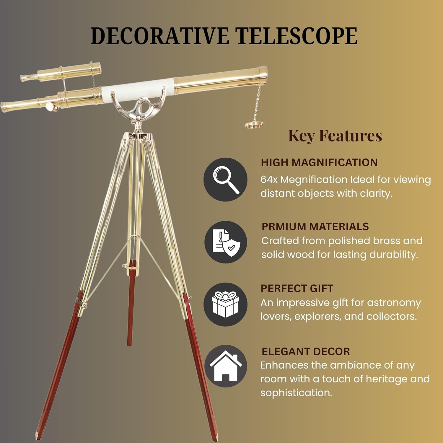 Double Barrel Brass & Leather Floor Standing Telescope 63" with Brass Tripod Stand with Wooden Base view 7