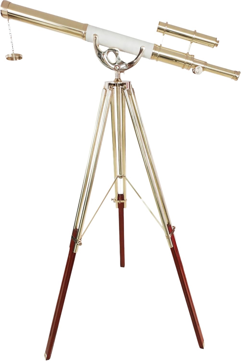 Double Barrel Brass & Leather Floor Standing Telescope 63" with Brass Tripod Stand with Wooden Base view 10