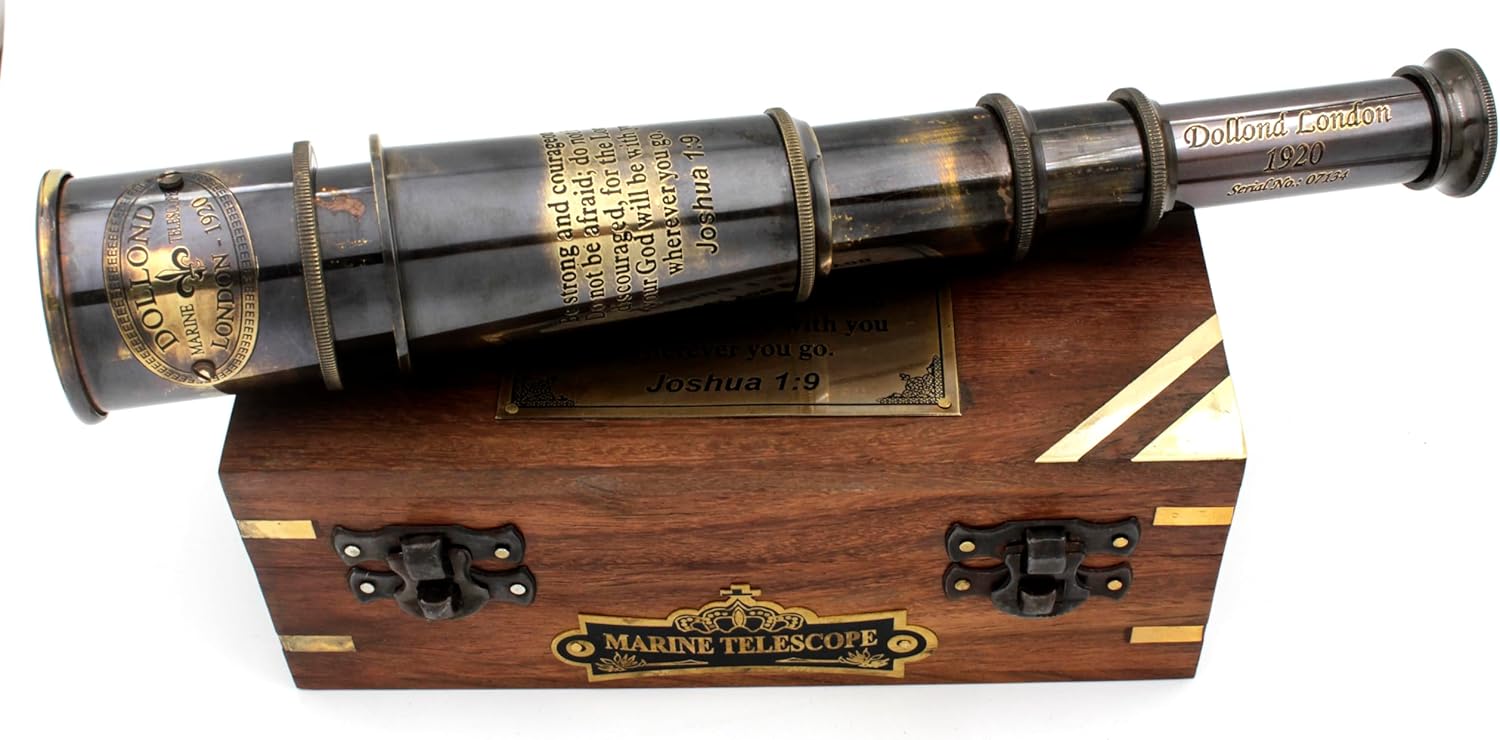 Engraved Joshua 1:9 Brass Spyglass 16" with Wooden Box view 2