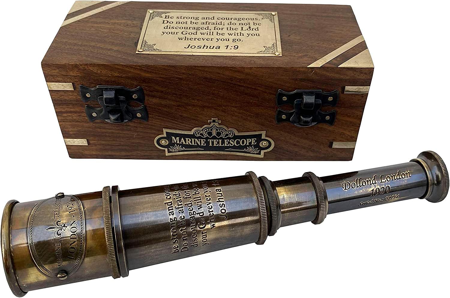 Engraved Joshua 1:9 Brass Spyglass 16" with Wooden Box view 11