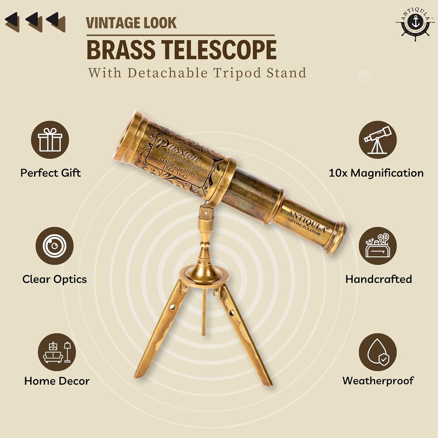 Brass Floor Standing Telescope 7" with Black Gift Box + Detachable Brass Tripod Stand view 2