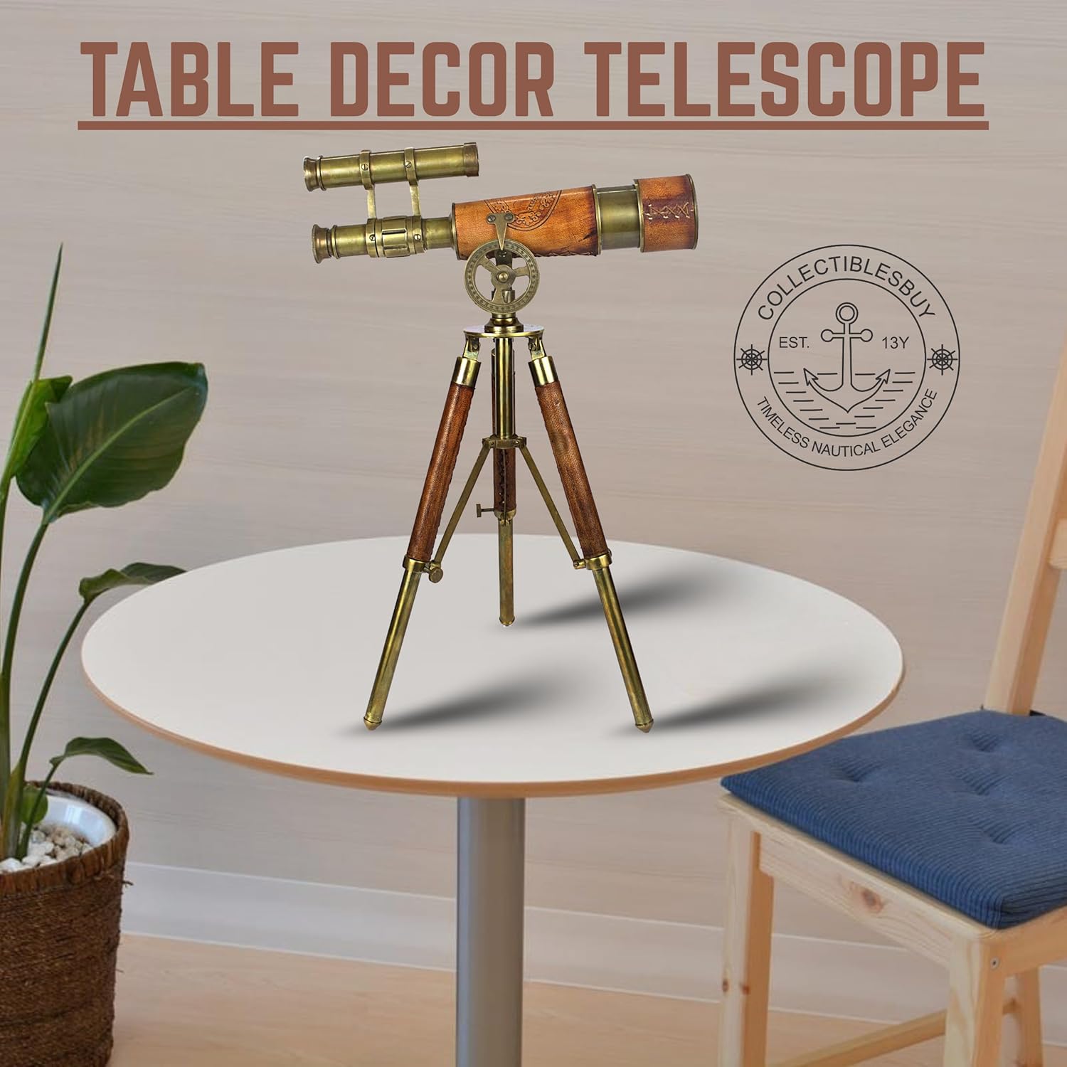 Double Barrel Brass & Leather Floor Standing Telescope 14" with Tripod Stand view 2