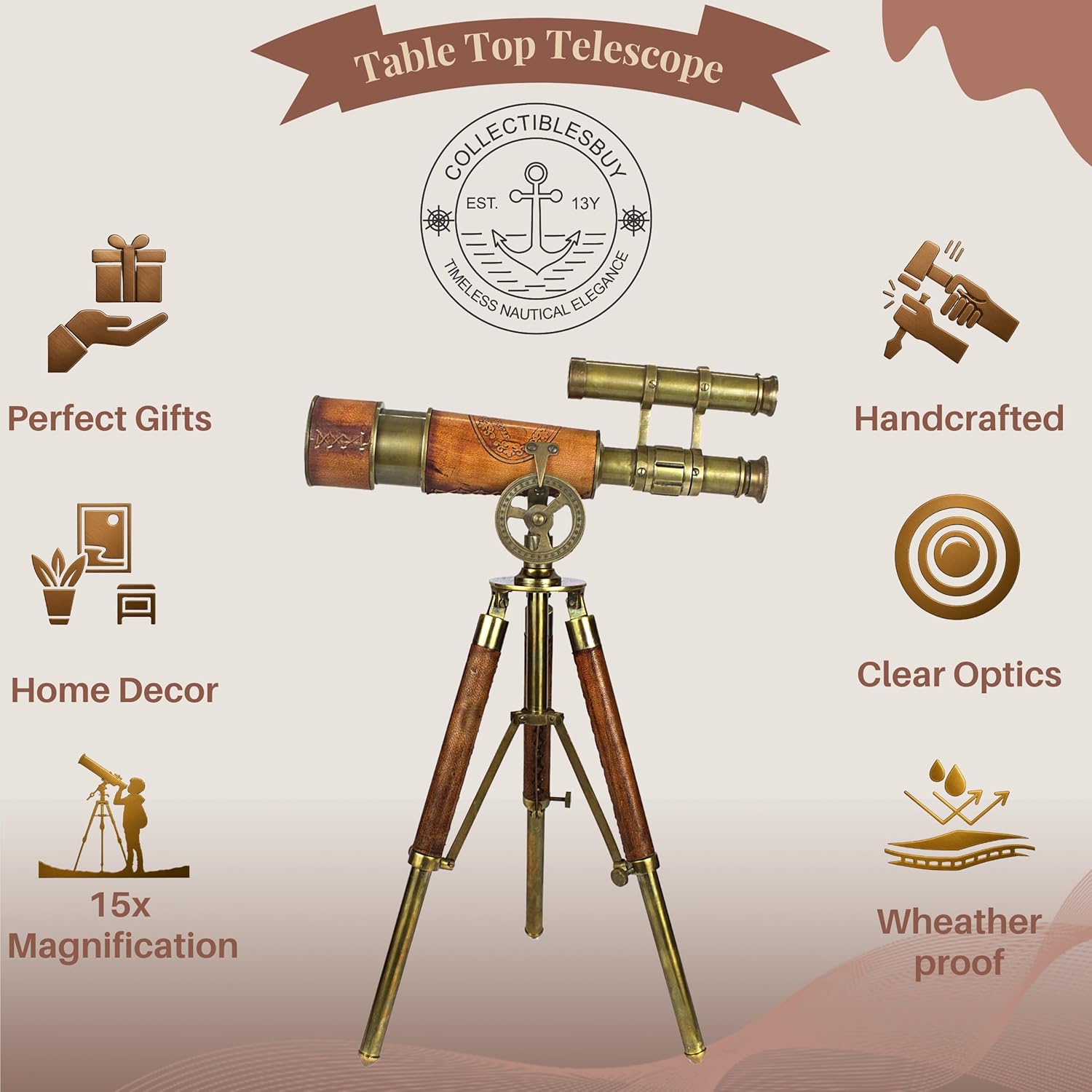 Double Barrel Brass & Leather Floor Standing Telescope 14" with Tripod Stand view 4