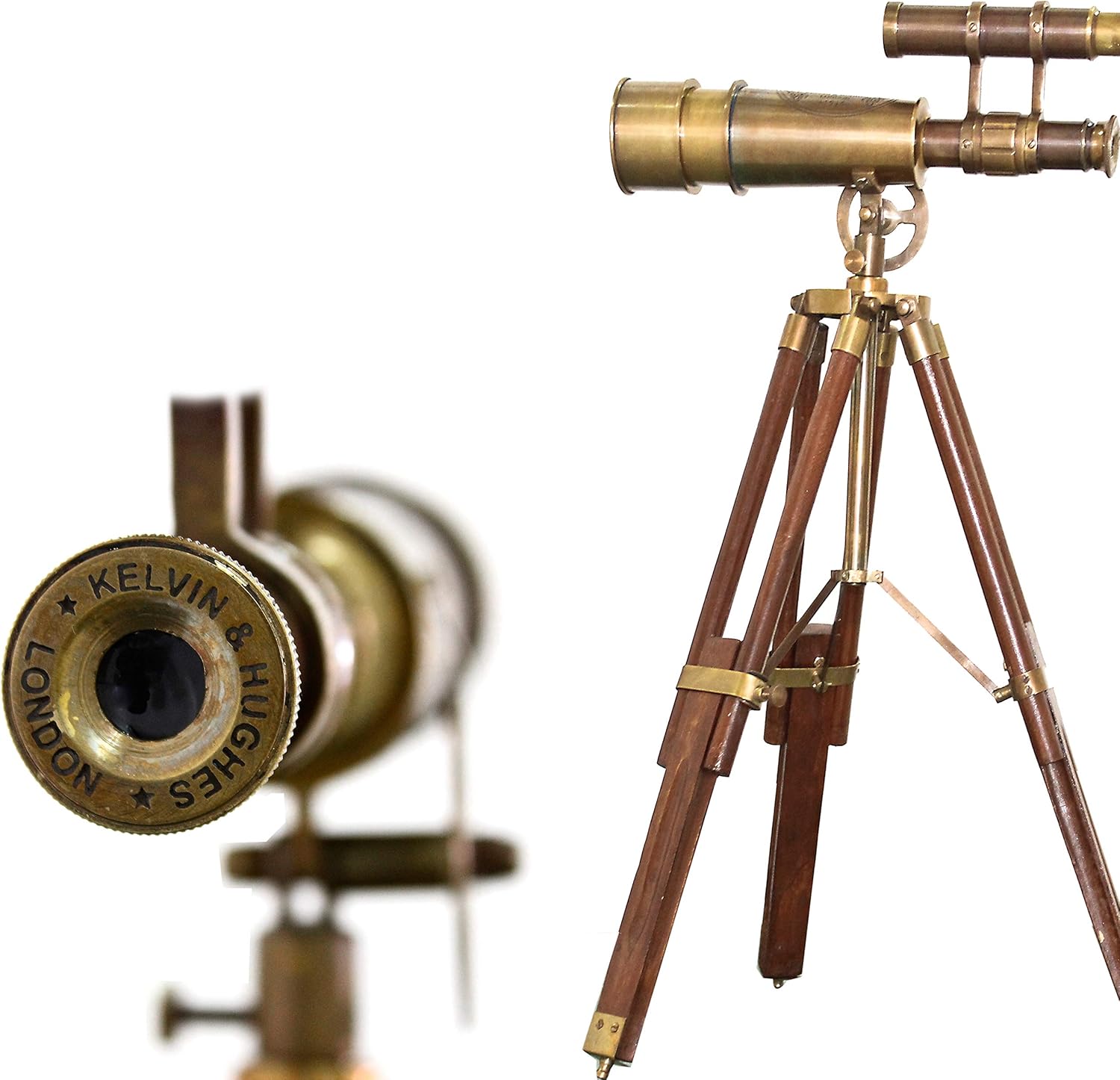 Double Barrel Brass & Leather Floor Standing Telescope 14" with Tripod Stand view 10