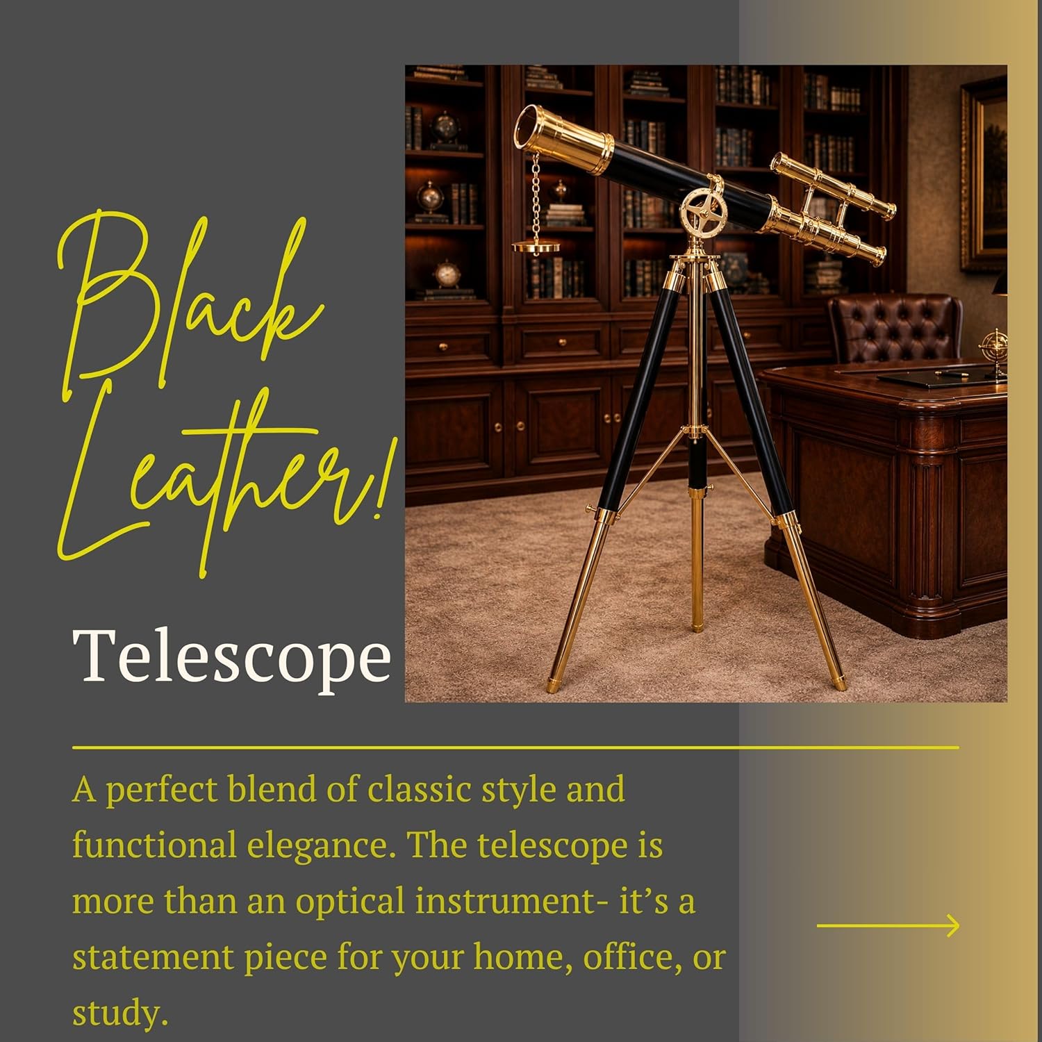 Double Barrel Brass & Leather Floor Standing Telescope 36" with Black Wooden Tripod view 5