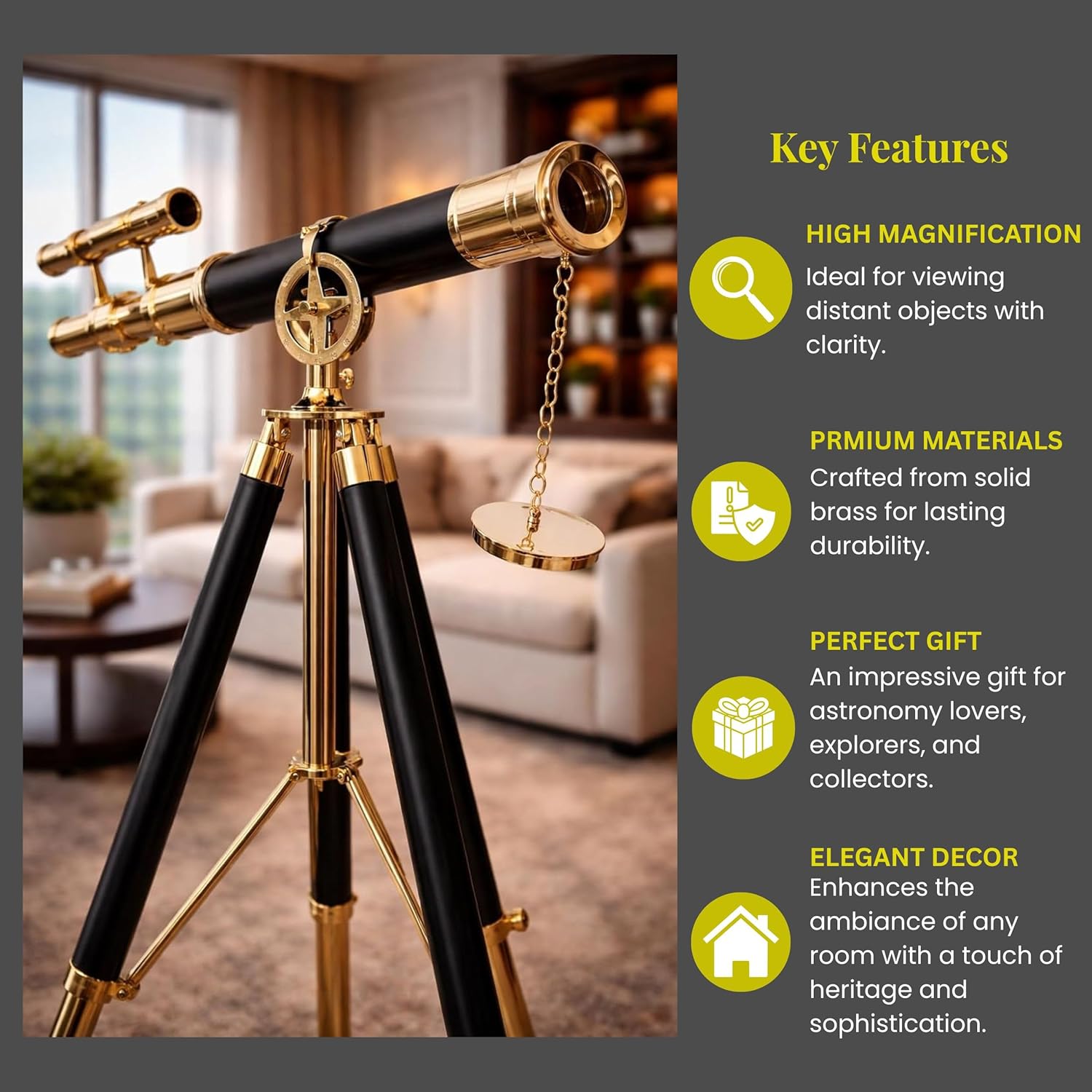 Double Barrel Brass & Leather Floor Standing Telescope 36" with Black Wooden Tripod view 7