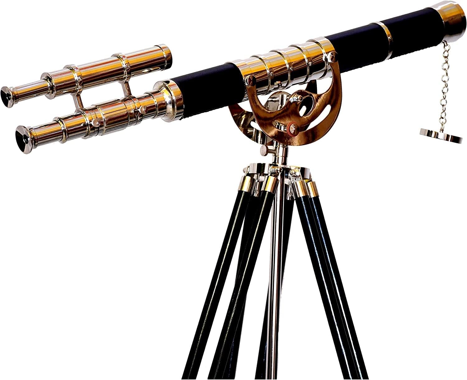 Double Barrel Chrome Finish Brass & Chrome Floor Standing Telescope 54" with Wooden Tripod view 2
