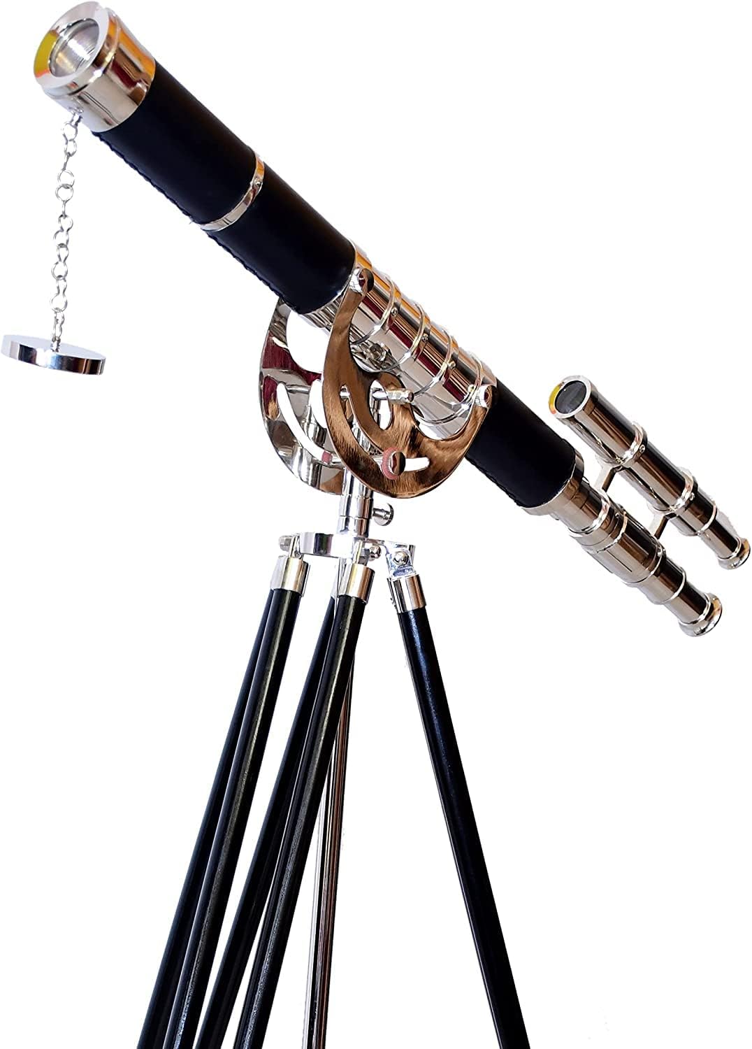 Double Barrel Chrome Finish Brass & Chrome Floor Standing Telescope 54" with Wooden Tripod view 3