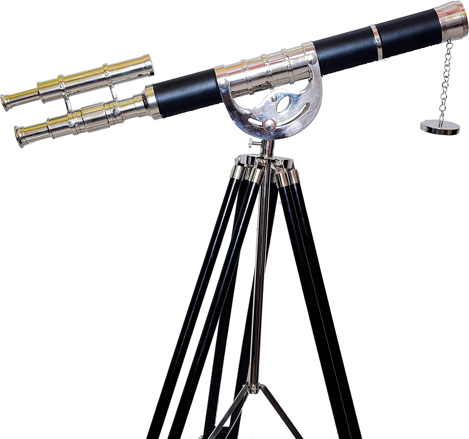 Double Barrel Chrome Finish Brass & Chrome Floor Standing Telescope 54" with Wooden Tripod view 6