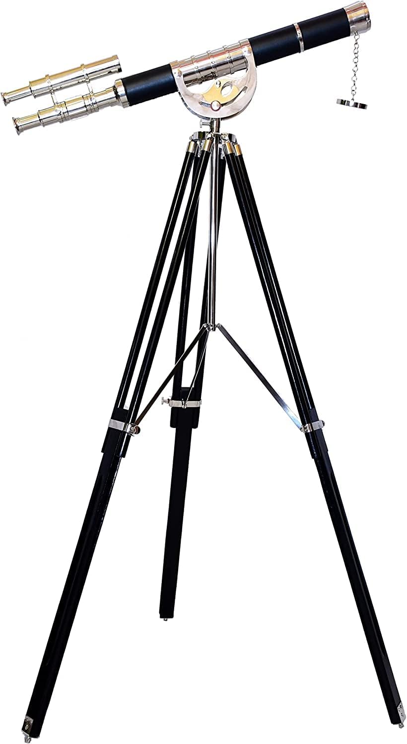 Double Barrel Chrome Finish Brass & Chrome Floor Standing Telescope 54" with Wooden Tripod view 7