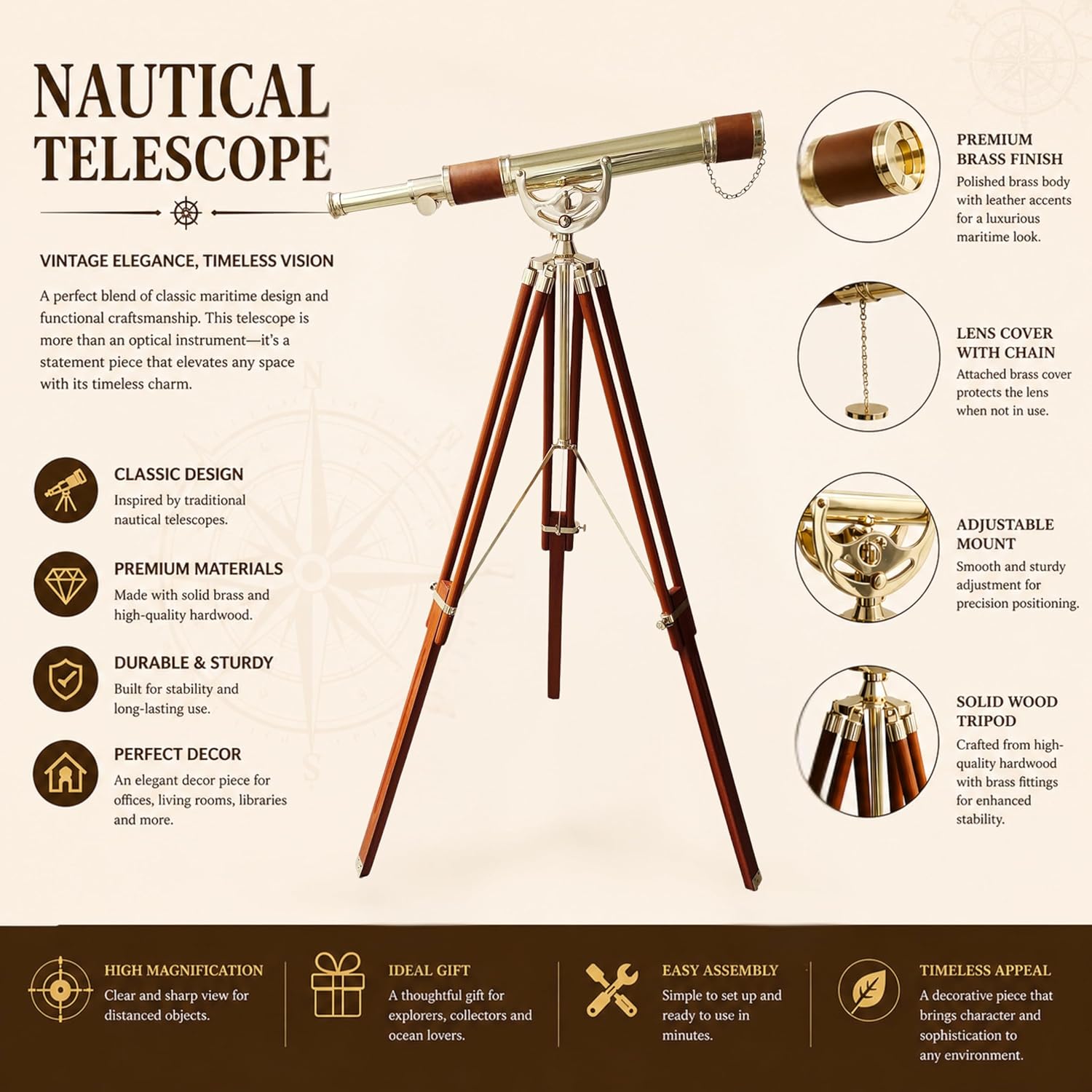 Brass, Leather & Wood Floor Standing Telescope 60" with Wooden Tripod view 2