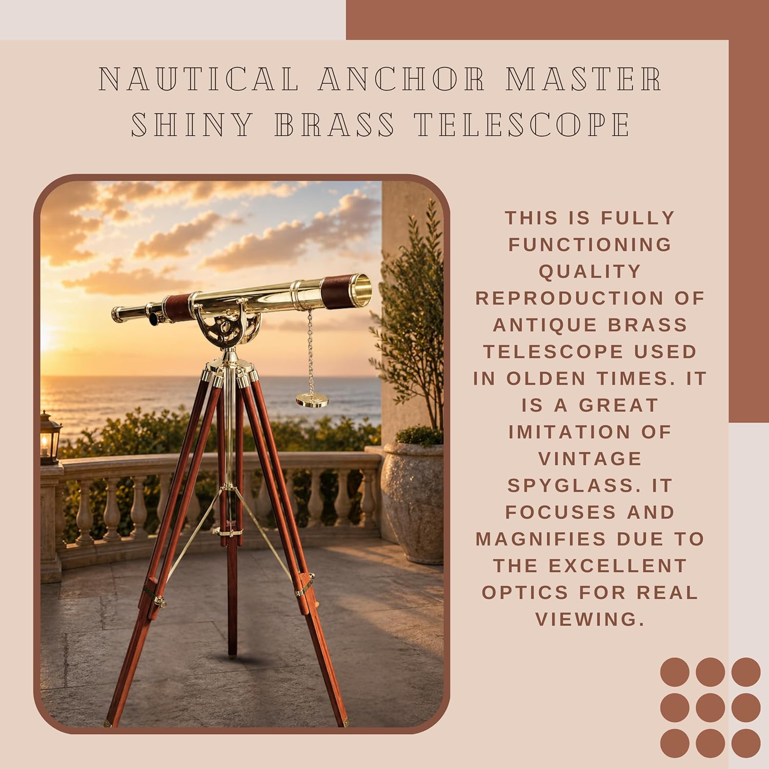 Brass, Leather & Wood Floor Standing Telescope 60" with Wooden Tripod view 3