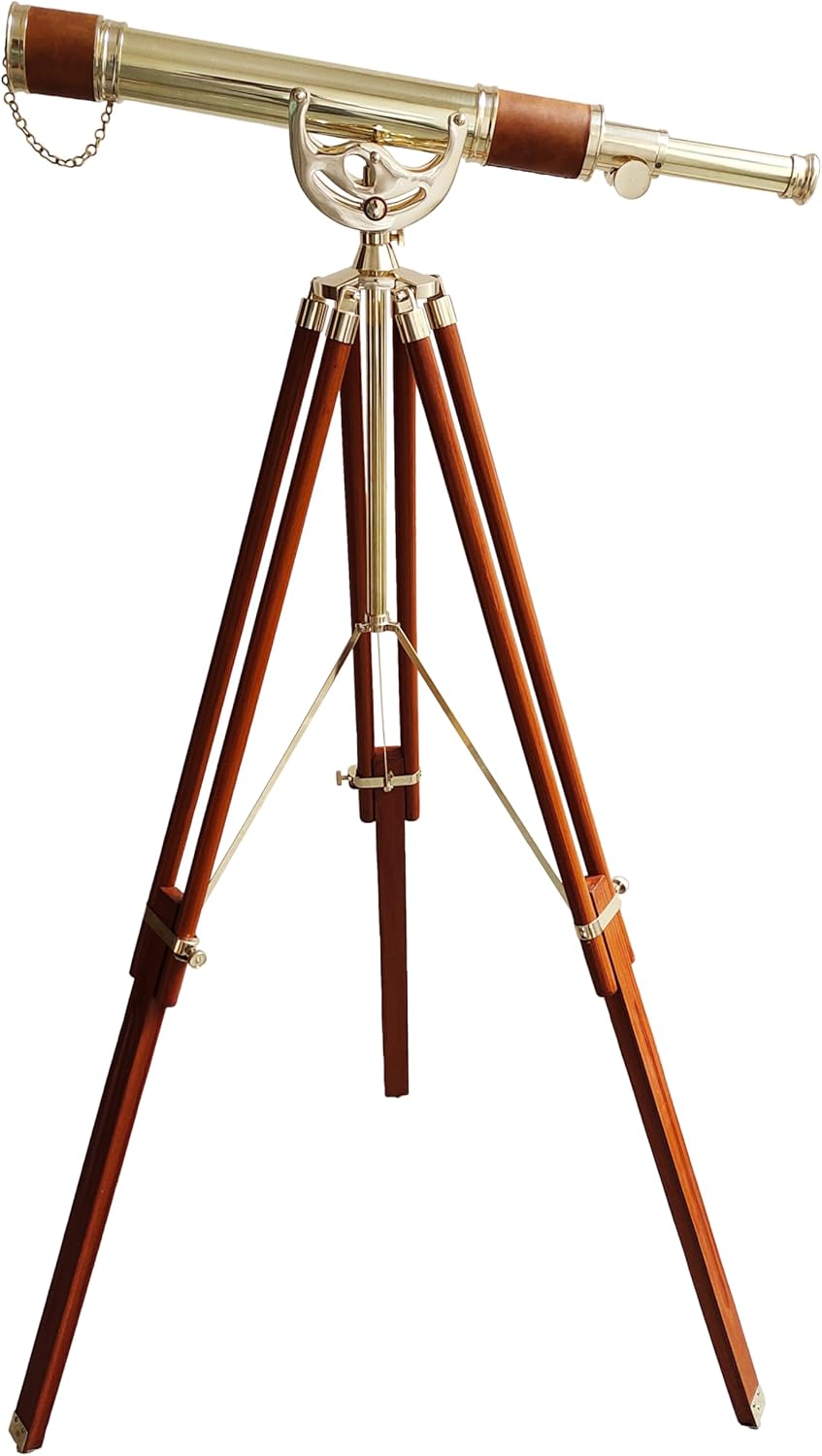 Brass, Leather & Wood Floor Standing Telescope 60" with Wooden Tripod view 10