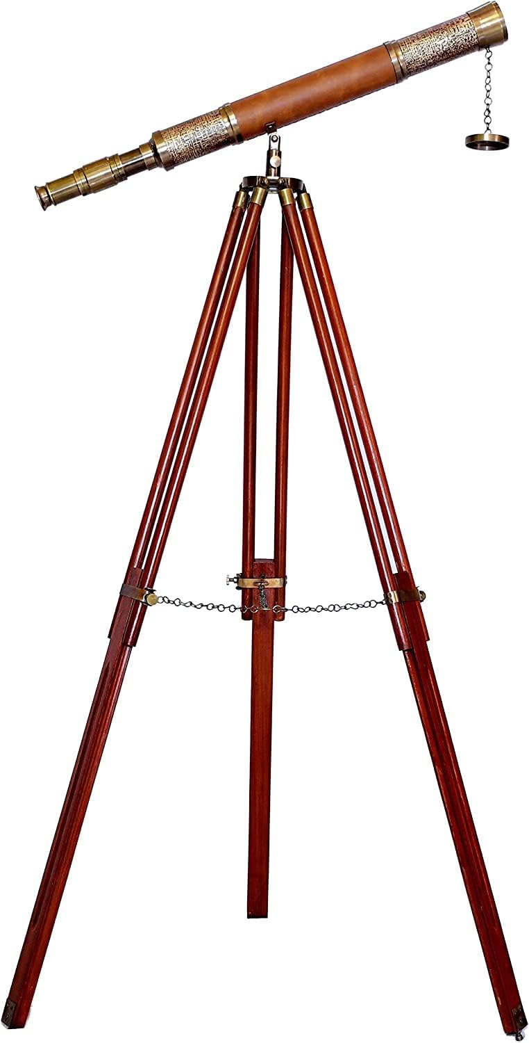 Brass & Leather Floor Standing Telescope 47" with Wooden Tripod view 6