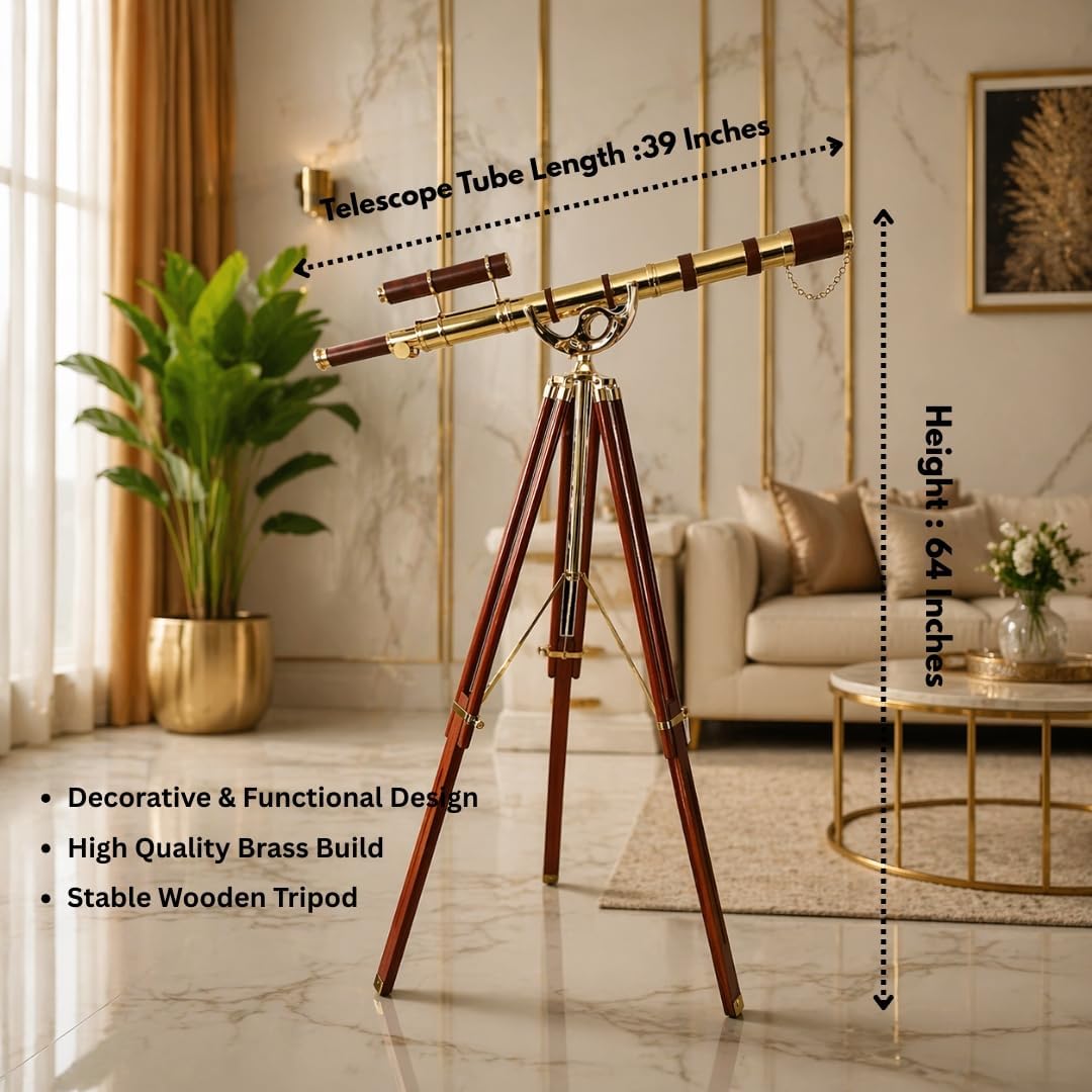Double Barrel Brass & Leather Floor Standing Telescope 64" with Wooden Tripod view 5