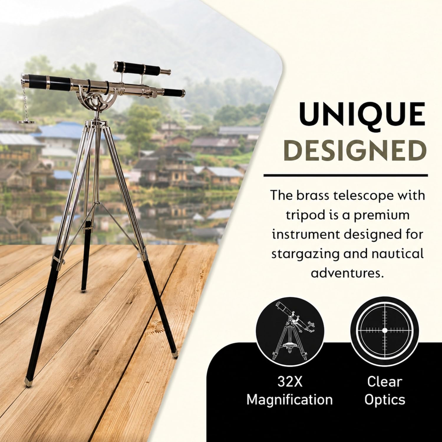 Double Barrel Chrome Finish Brass & Chrome Floor Standing Telescope 65" with Black Wooden Tripod view 2