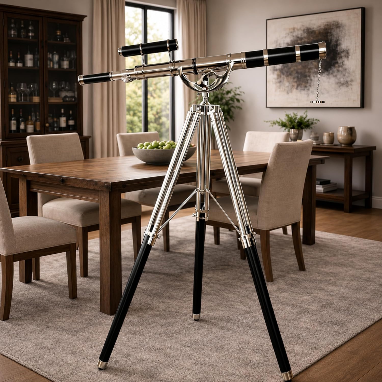 Double Barrel Chrome Finish Brass & Chrome Floor Standing Telescope 65" with Black Wooden Tripod view 4