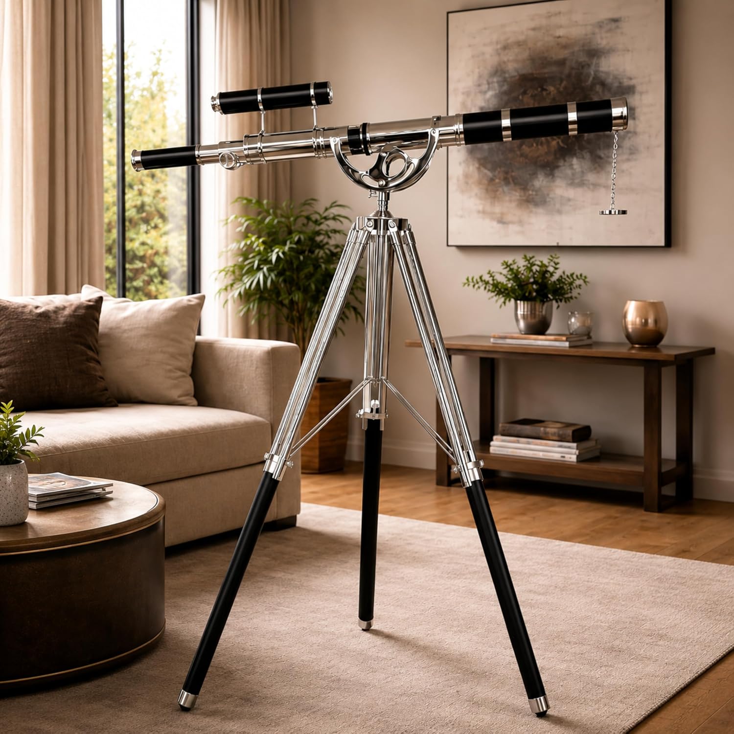 Double Barrel Chrome Finish Brass & Chrome Floor Standing Telescope 65" with Black Wooden Tripod view 6