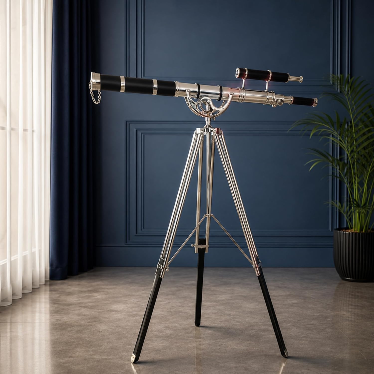 Double Barrel Chrome Finish Brass & Chrome Floor Standing Telescope 65" with Black Wooden Tripod view 8