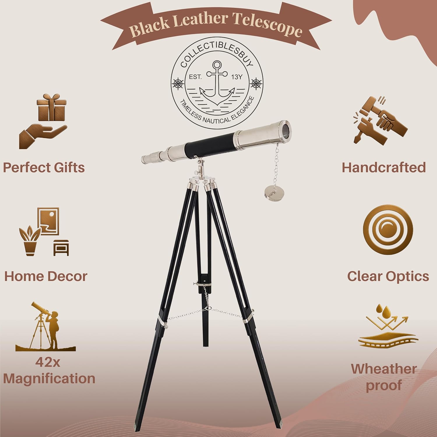 Brass Floor Standing Telescope 47" with Wooden Tripod view 6