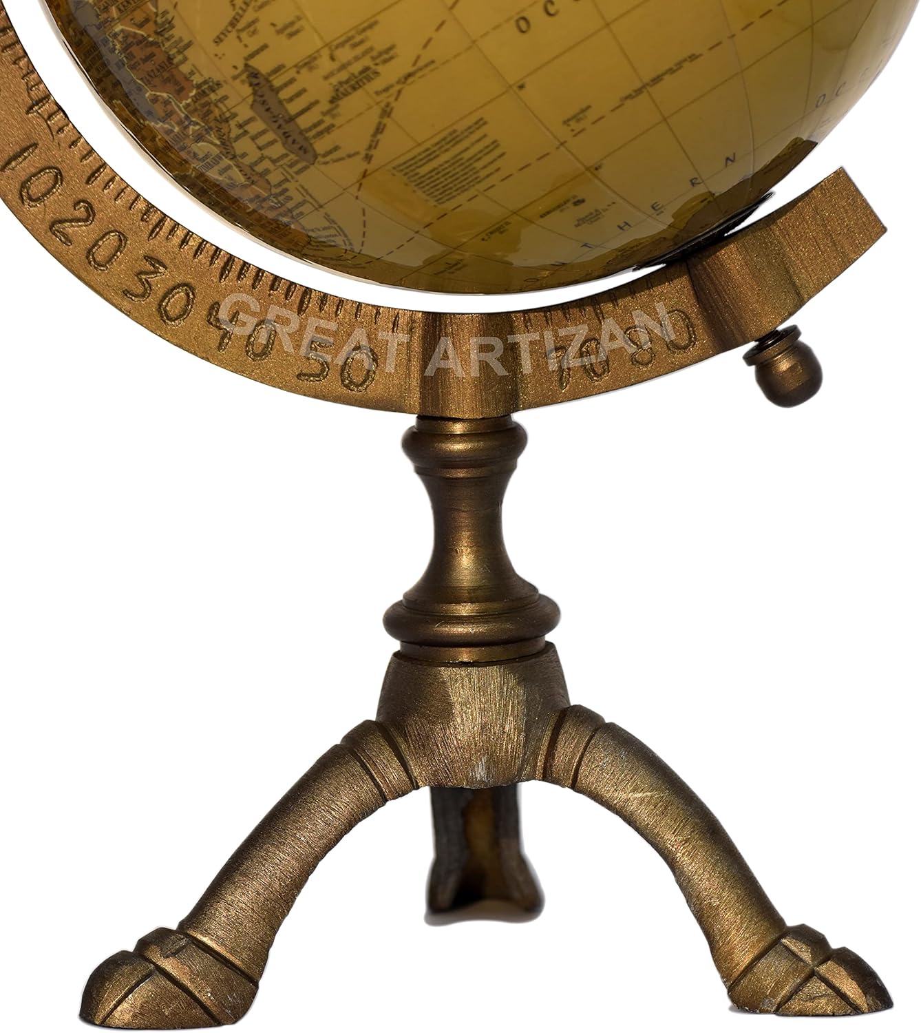 Antique Brass Educational Desk Globe with Three-Legged Brass Stand view 4