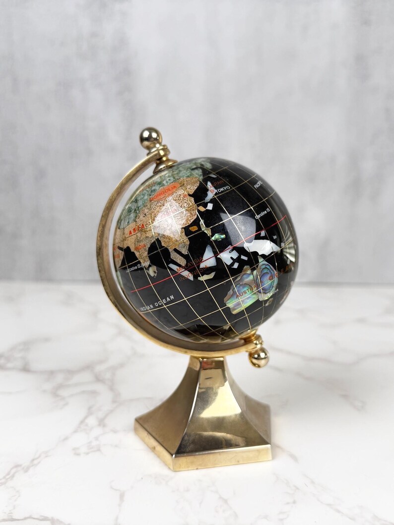 Small Brass Desk Globe with Black Gemstone-Inlaid World Map view 5