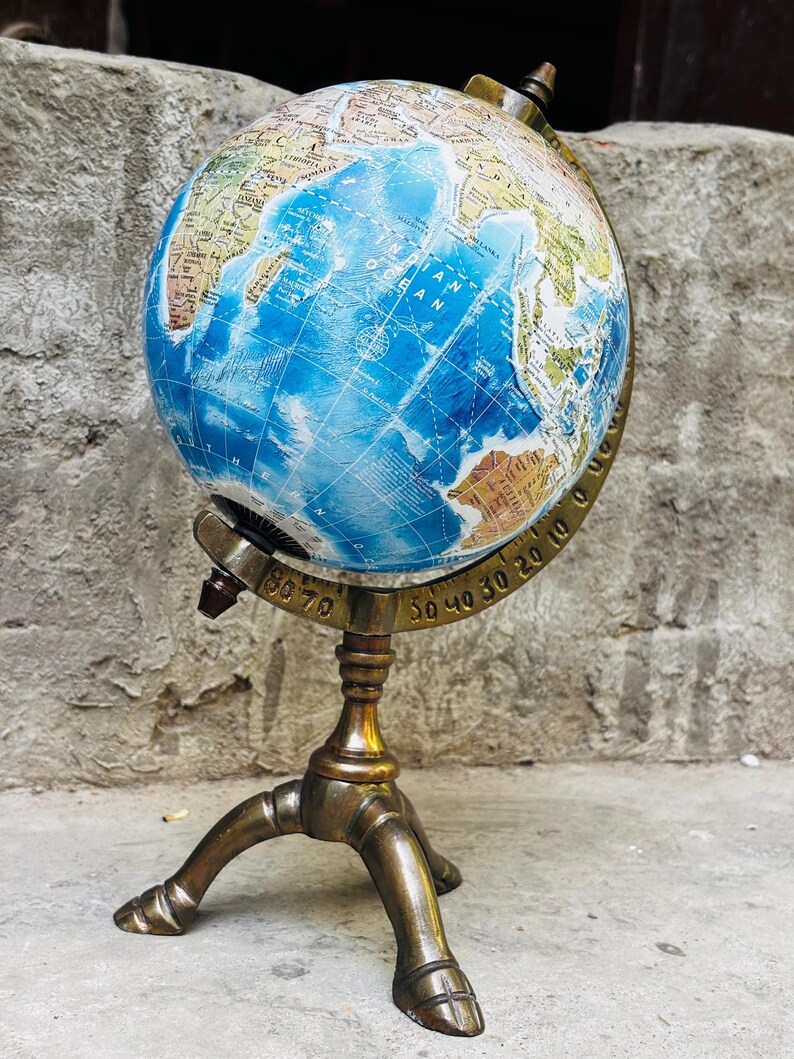 Vintage Antique Brass Globe with Brass Ring and Wooden Base view 4