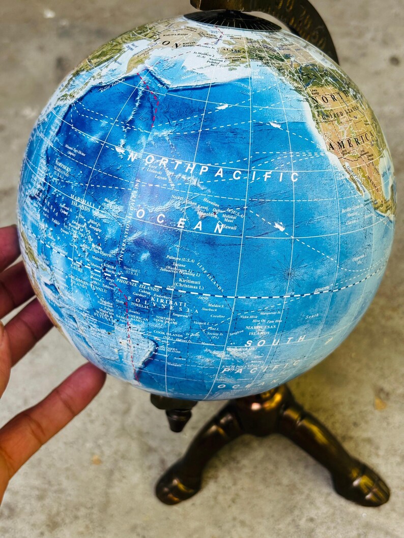 Vintage Antique Brass Globe with Brass Ring and Wooden Base view 6