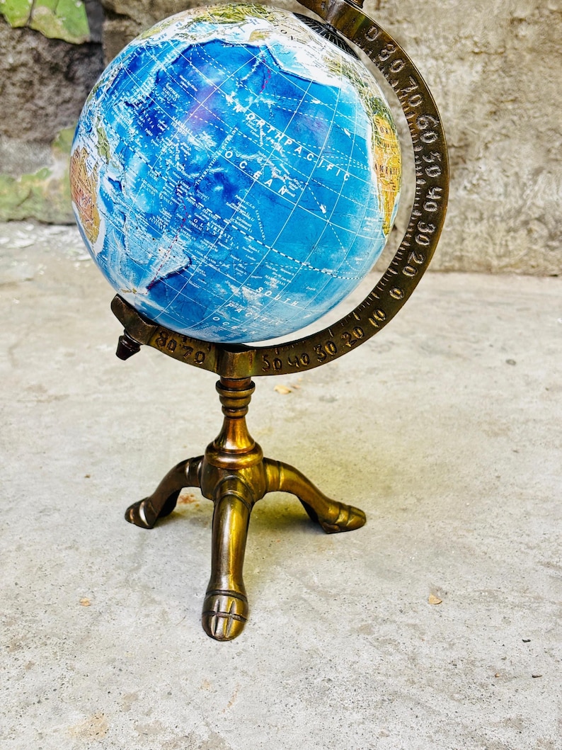 Vintage Antique Brass Globe with Brass Ring and Wooden Base view 7
