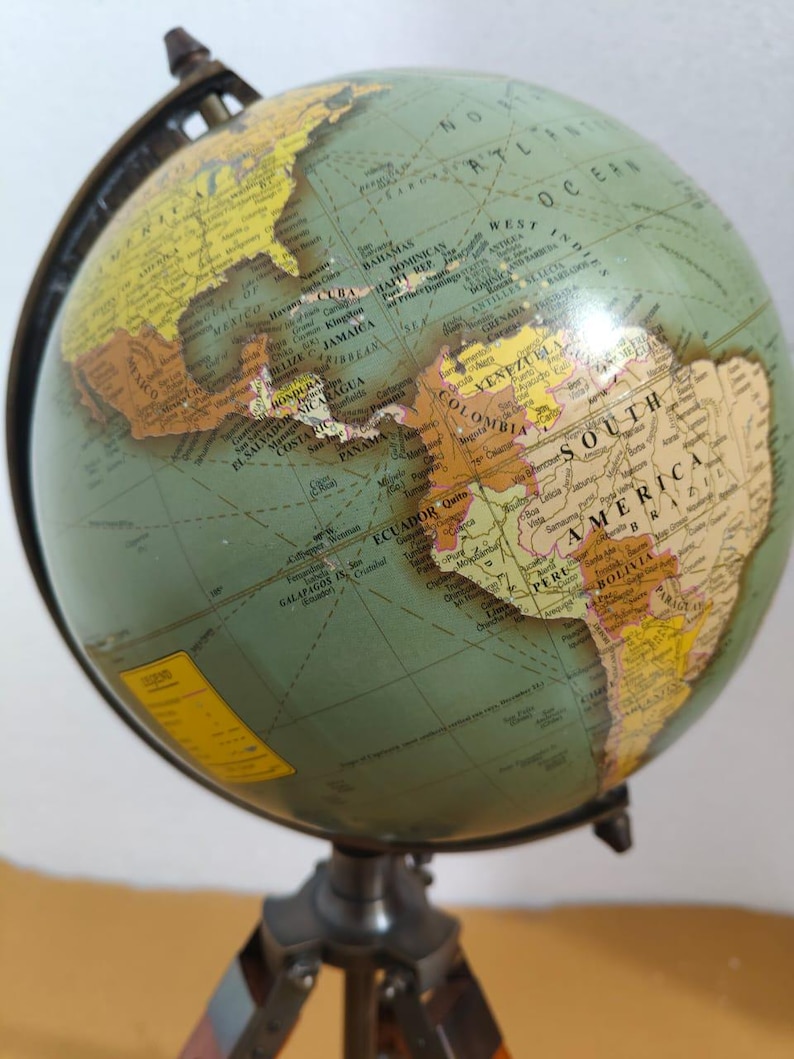 Vintage Globe with Green Map on Polished Wooden Tripod Stand view 5