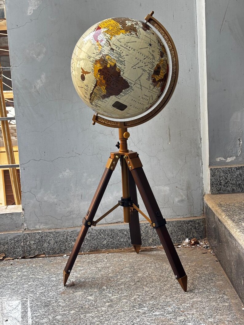 White Mapped Globe on Rosewood Tripod Stand with Antique Brass Ring view 2