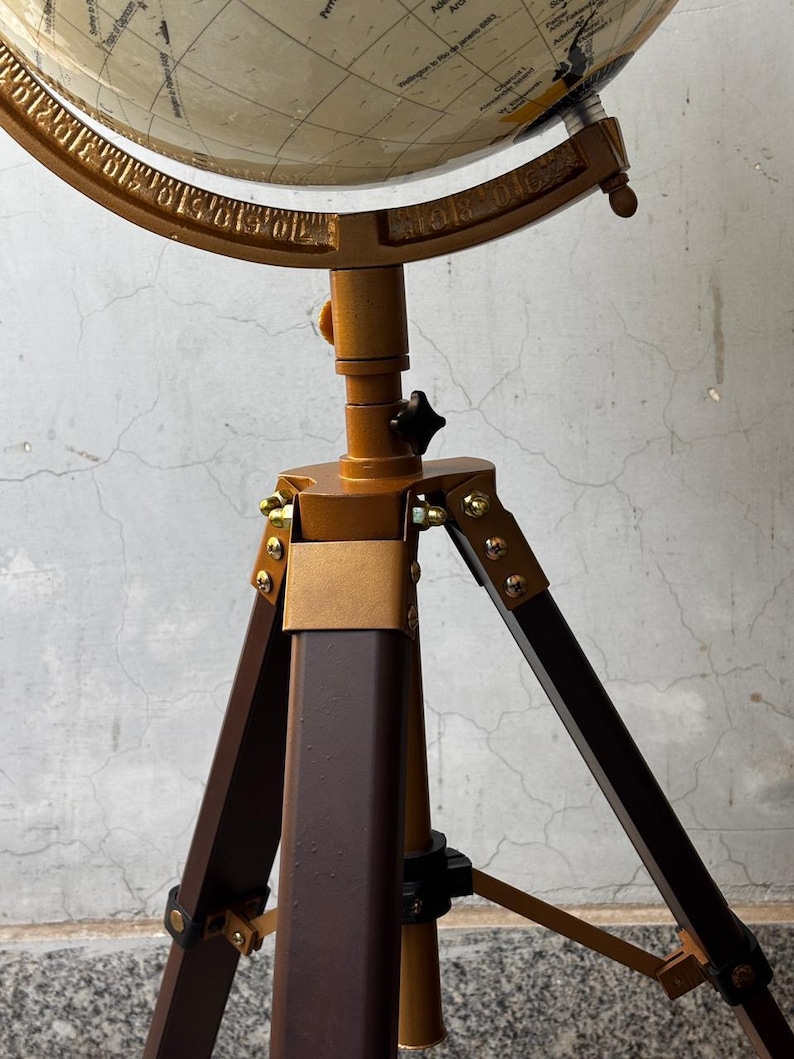 White Mapped Globe on Rosewood Tripod Stand with Antique Brass Ring view 7