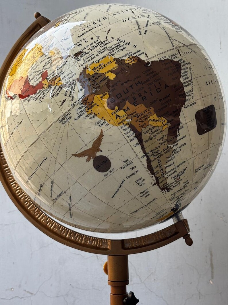 White Mapped Globe on Rosewood Tripod Stand with Antique Brass Ring view 9