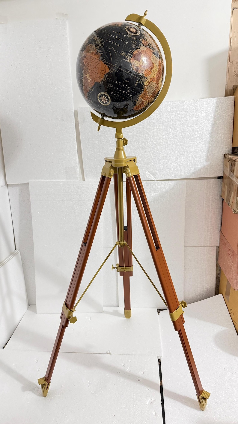 Large Dark Globe on Wooden Tripod Stand with Brass Ring, Alternate Stand Colour view 6