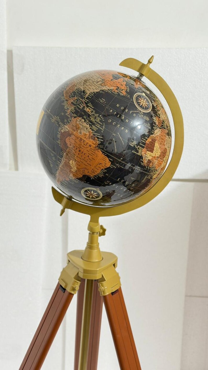 Large Dark Globe on Wooden Tripod Stand with Brass Ring, Alternate Stand Colour view 9