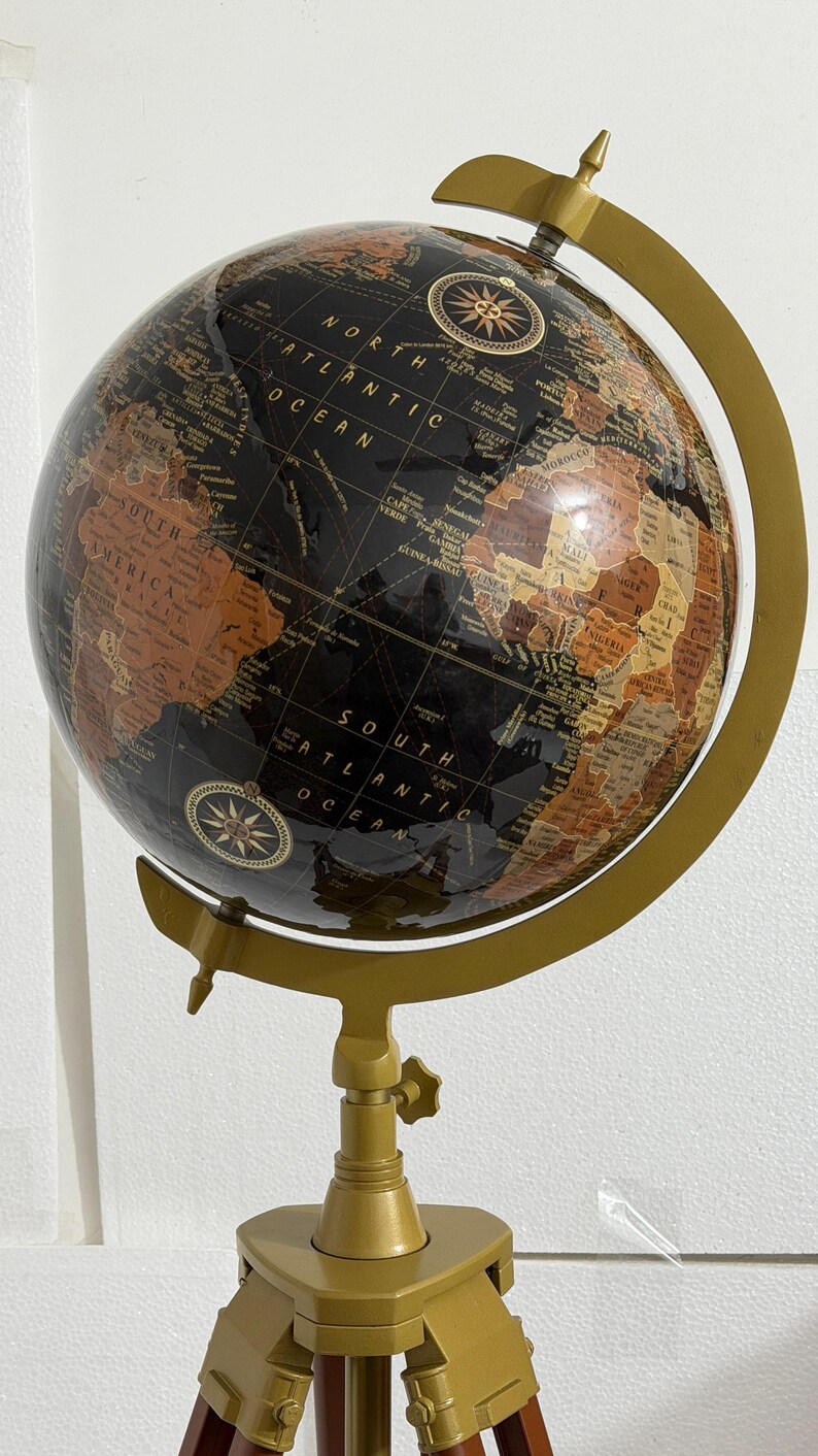 Large Dark Globe on Wooden Tripod Stand with Brass Ring, Alternate Stand Colour view 12