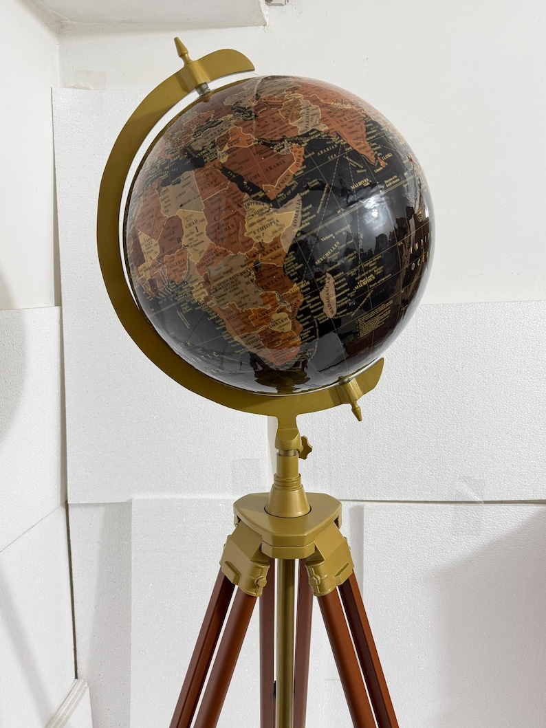 Large Dark Globe on Wooden Tripod Stand with Brass Ring, Alternate Stand Colour view 14