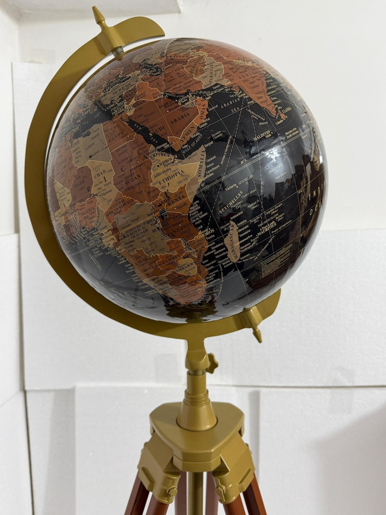 Large Dark Globe on Wooden Tripod Stand with Brass Ring, Alternate Stand Colour view 16